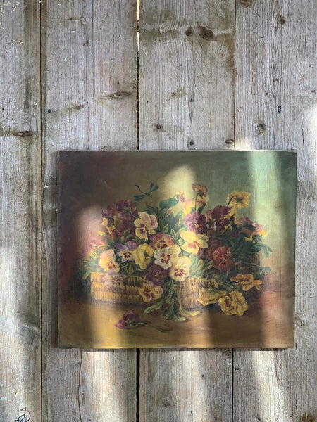 French Vintage Floral Pansy Painting on Canvas