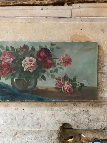 Glorious Large French Vintage Rose Painting on Canvas