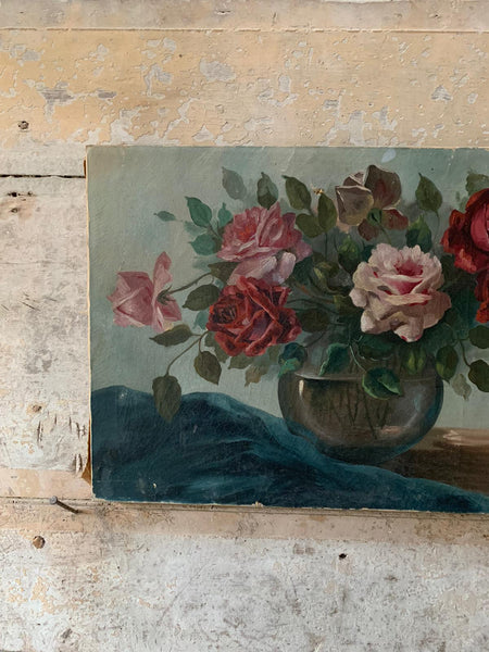 Glorious Large French Vintage Rose Painting on Canvas