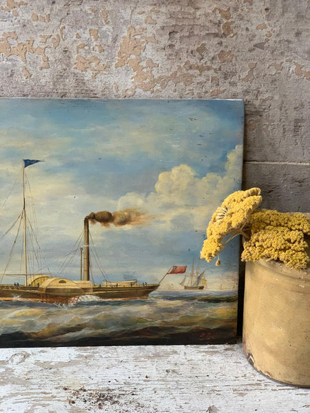 Gorgeous French Vintage Boat Oil Painting on Board