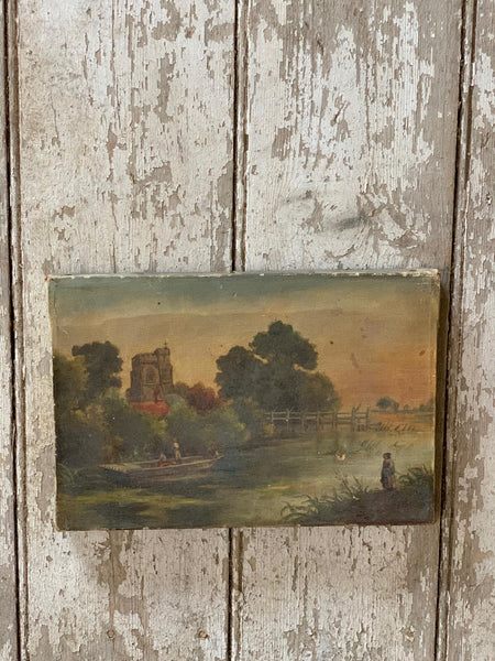 Antique Church and River Oil Painting on Canvas