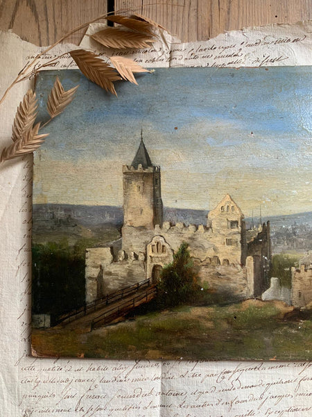 Vintage French Castle Painting on Board