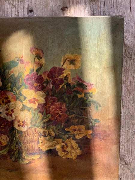 French Vintage Floral Pansy Painting on Canvas