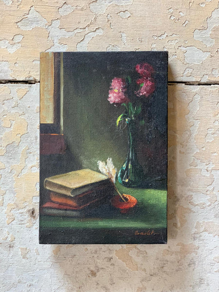 Vintage French Book and Flowers Oil on Canvas Painting