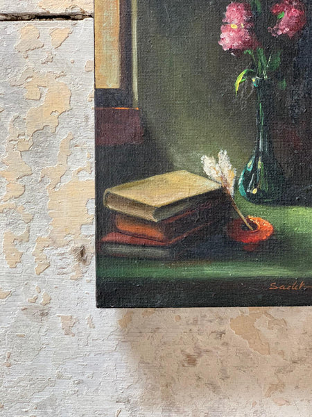 Vintage French Book and Flowers Oil on Canvas Painting