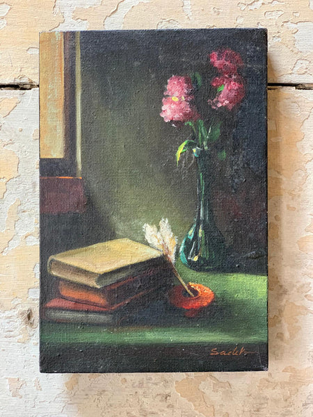 Vintage French Book and Flowers Oil on Canvas Painting