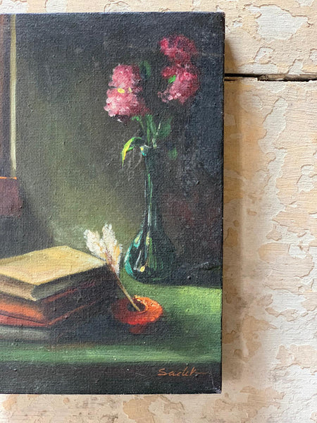 Vintage French Book and Flowers Oil on Canvas Painting