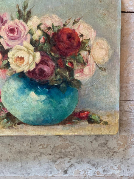 Vintage French Floral Oil on Canvas