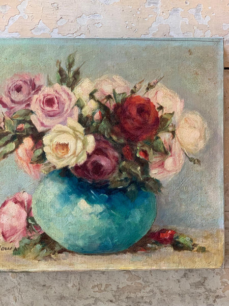 Vintage French Floral Oil on Canvas