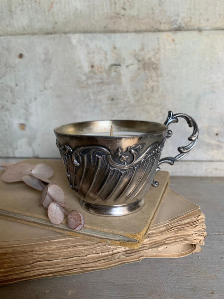 French Handled Metal Cup Candle in Darjeeling Tea