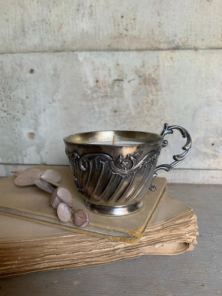 French Handled Metal Cup Candle in Darjeeling Tea