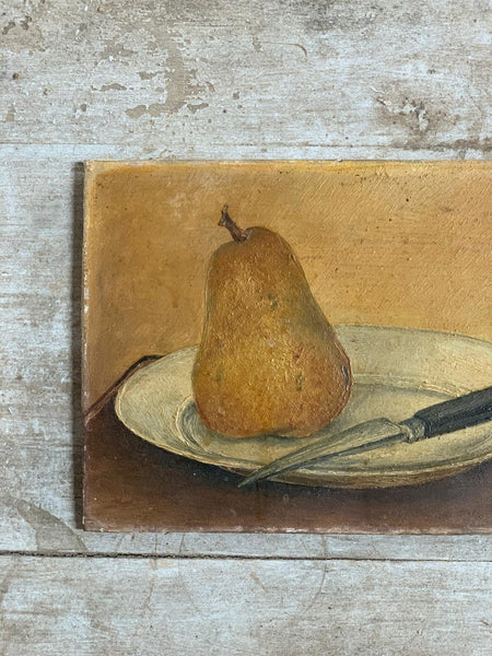 Pear on Plate Vintage Oil on Board