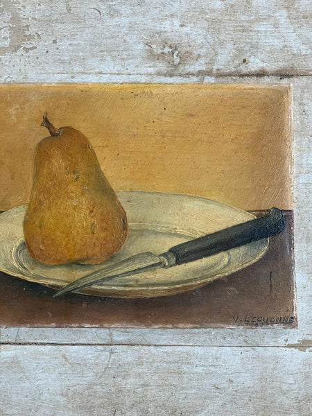 Pear on Plate Vintage Oil on Board