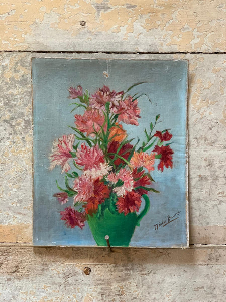 French Vintage Floral Oil on Canvas (mounted on board)