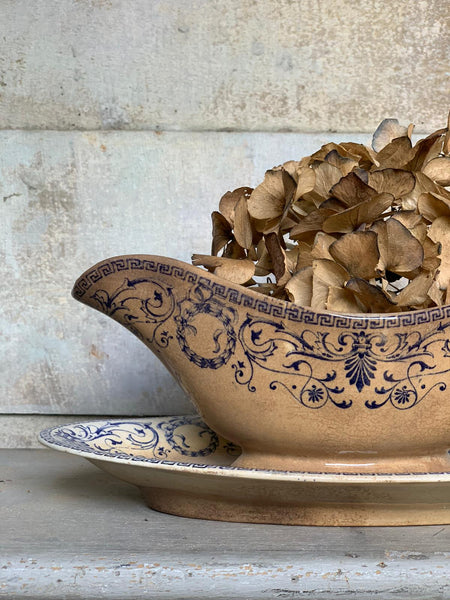 Vintage French Floral Crazed Transferware Sauce Dish