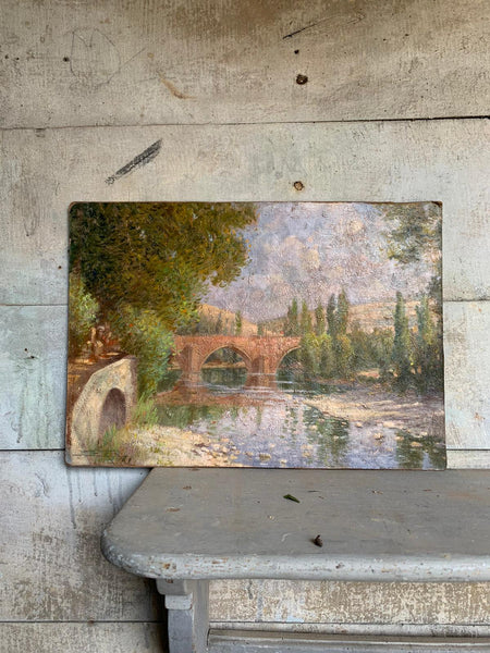 Vintage French Bridge Painting on Board