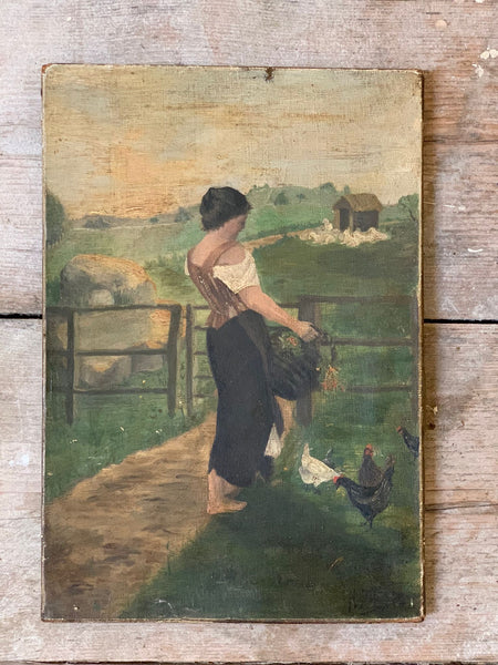 Antique Chicken Oil on Canvas