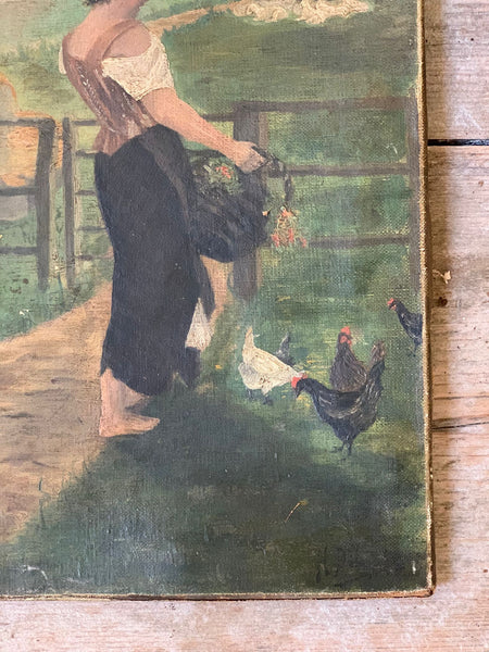 Antique Chicken Oil on Canvas