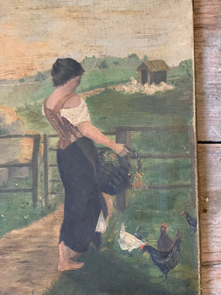 Antique Chicken Oil on Canvas