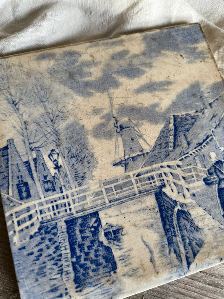 French Windmill Town Blue Tile