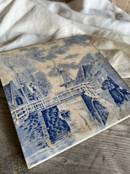 French Windmill Town Blue Tile