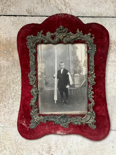 Red Velvet Framed Religious French Vintage Photograph