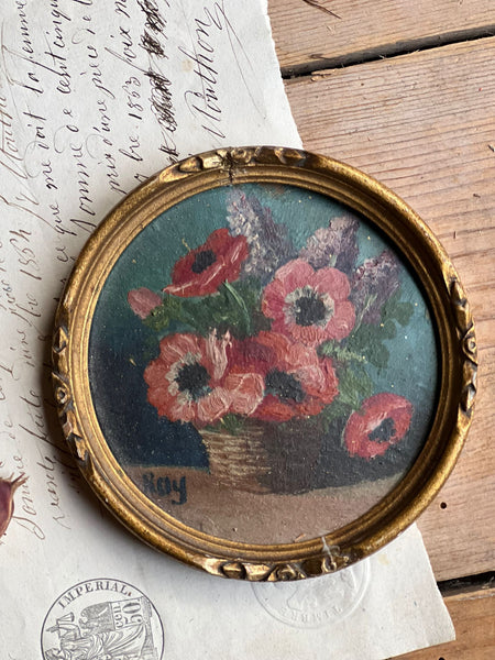 Miniature Round Framed Floral Oil Painting