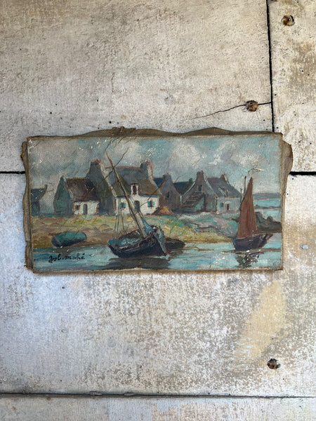 French Vintage Fishing Village Painting, Oil On Canvas