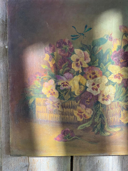 French Vintage Floral Pansy Painting on Canvas