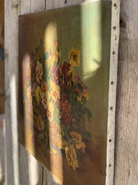 French Vintage Floral Pansy Painting on Canvas