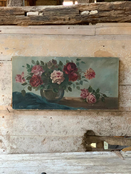 Glorious Large French Vintage Rose Painting on Canvas