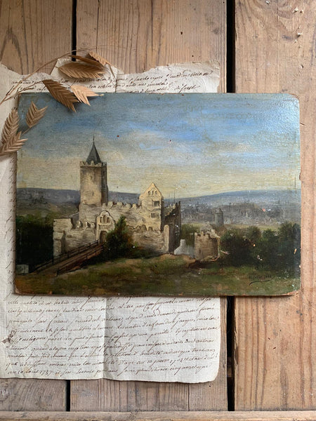 Vintage French Castle Painting on Board