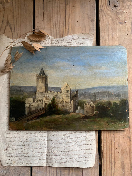 Vintage French Castle Painting on Board