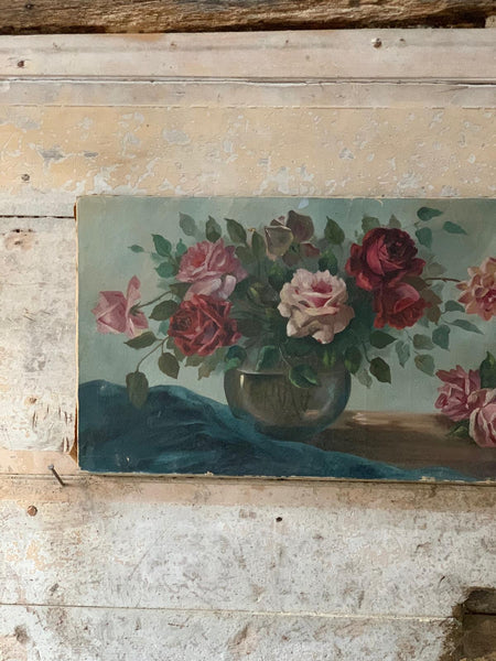 Glorious Large French Vintage Rose Painting on Canvas