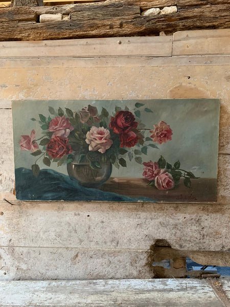 Glorious Large French Vintage Rose Painting on Canvas