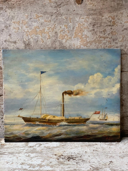 Gorgeous French Vintage Boat Oil Painting on Board