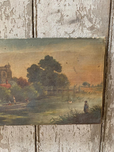 Antique Church and River Oil Painting on Canvas