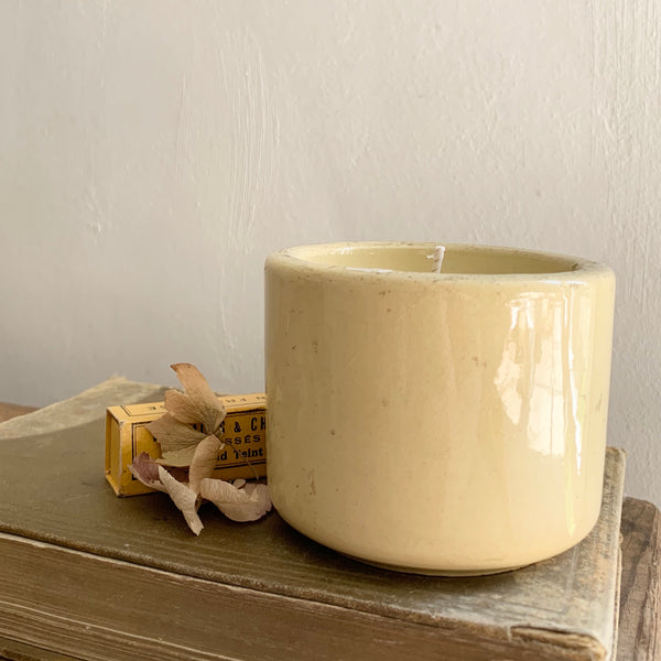 Vintage French Yoghurt Pot Candle in Green Tomato Leaf