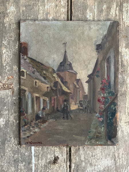 Cute French Village Scene Painting on Board