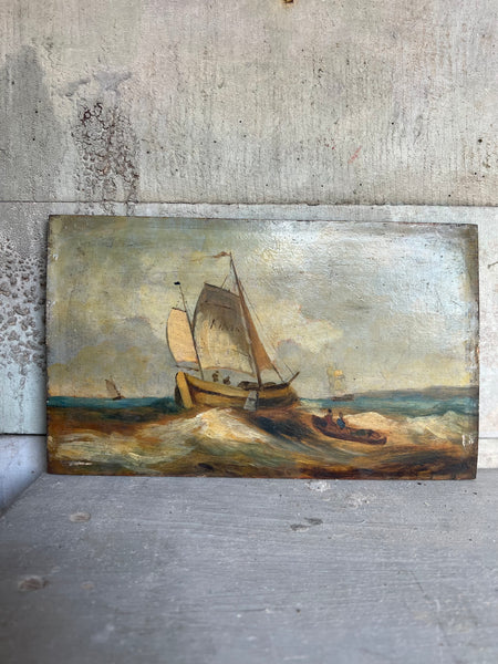 Vintage French Boat Oil on Board