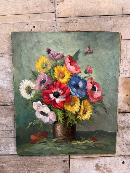 Vintage French Floral Oil on Canvas