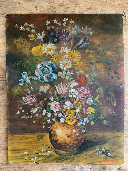 Dark French Floral Painting on Board