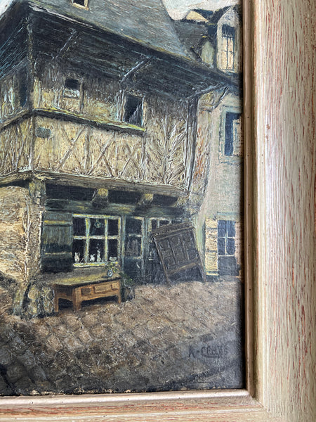 French Medieval Town Framed Oil