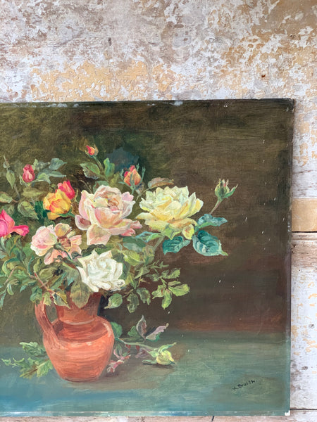 Vintage French Floral Oil Painting on Board
