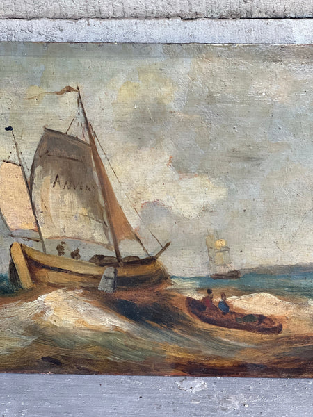 Vintage French Boat Oil on Board