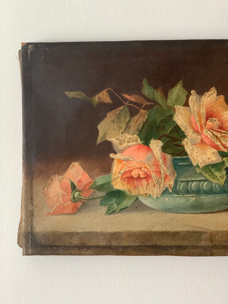 Vintage French Pink and White Roses Oil Painting on Canvas