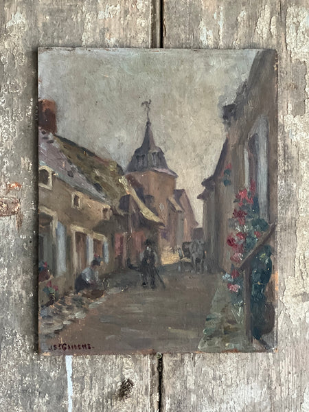 Cute French Village Scene Painting on Board