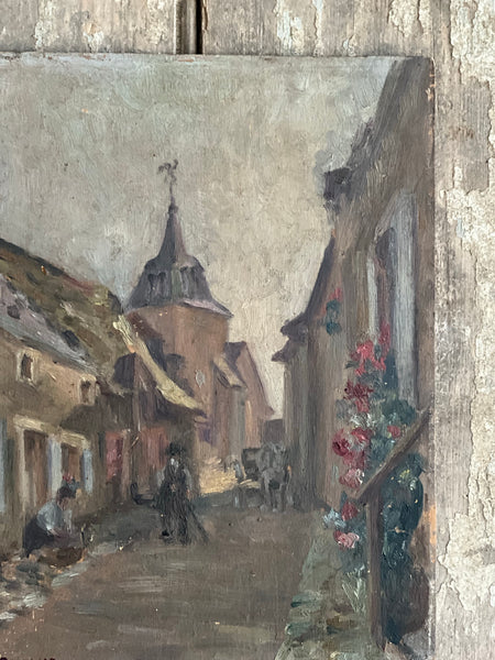 Cute French Village Scene Painting on Board