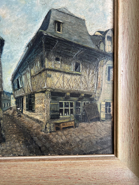 French Medieval Town Framed Oil