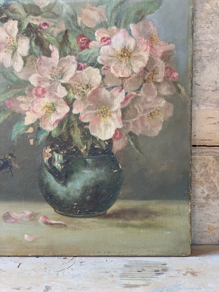 Vintage Floral with Insect Oil Painting on Canvas